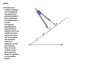 1
2
3
r
4
PASOS:
2.Tomamos una
medida cualquiera
con el compás (la
que queramos) y
partiendo desde el
punto A llevamos
esa medida sobre
la recta
convergente
(que dibujamos
anteriormente).
Debemos llevar esa
medida el mismo
número de veces
que las divisiones
que queremos
crear en el
segmento. En este
caso debemos
llevar la misma
medida 5 veces
pues queremos
dividir el segmento
en cinco partes
iguales.
 