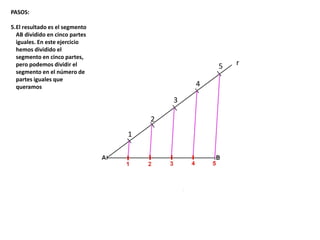 r
1
2
3
4
5
PASOS:
5.El resultado es el segmento
AB dividido en cinco partes
iguales. En este ejercicio
hemos dividido el
segmento en cinco partes,
pero podemos dividir el
segmento en el número de
partes iguales que
queramos
 