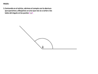 PASOS:
1.Centrando en el vértice, abrimos el compás con la abertura
que queramos y dibujamos un arco que nos va a cortar a los
lados del ángulo en los puntos 1 y 2
 