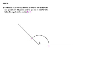 PASOS:
1.Centrando en el vértice, abrimos el compás con la abertura
que queramos y dibujamos un arco que nos va a cortar a los
lados del ángulo en los puntos 1 y 2
 