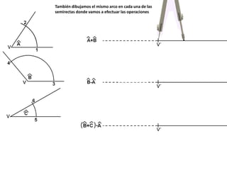 También dibujamos el mismo arco en cada una de las
semirectas donde vamos a efectuar las operaciones
 
