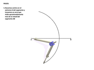 PASOS:
1.Hacemos centro en el
extremo A del segmento y
trazamos un arco que
mida aproximadamente
más de la mitad del
segmento AB
 