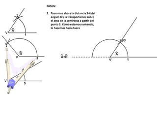 PASOS:
2. Tomamos ahora la distancia 3-4 del
ángulo B y la transportamos sobre
el arco de la semirecta a partir del
punto 3. Como estamos sumando,
lo hacemos hacia fuera
 