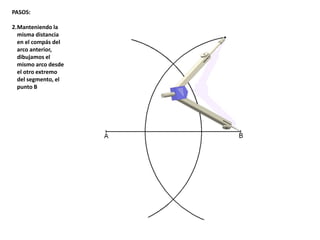 PASOS:
2.Manteniendo la
misma distancia
en el compás del
arco anterior,
dibujamos el
mismo arco desde
el otro extremo
del segmento, el
punto B
 