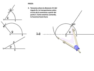 PASOS:
2. Tomamos ahora la distancia 3-4 del
ángulo B y la transportamos sobre
el arco de la semirecta a partir del
punto 3. Como estamos sumando,
lo hacemos hacia fuera
 
