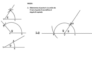 PASOS:
2. Obtenemos el punto 4. La unión de
V´con el punto 4 nos define el
ángulo B copiado
 