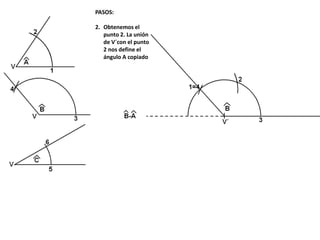 PASOS:
2. Obtenemos el
punto 2. La unión
de V´con el punto
2 nos define el
ángulo A copiado
 