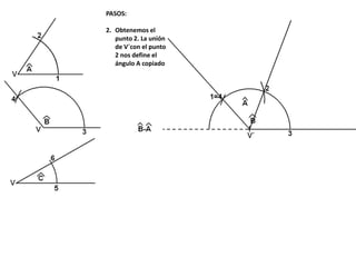 PASOS:
2. Obtenemos el
punto 2. La unión
de V´con el punto
2 nos define el
ángulo A copiado
 