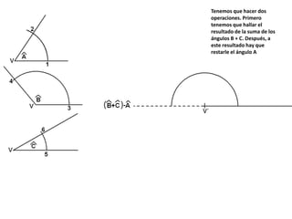 Tenemos que hacer dos
operaciones. Primero
tenemos que hallar el
resultado de la suma de los
ángulos B + C. Después, a
este resultado hay que
restarle el ángulo A
 