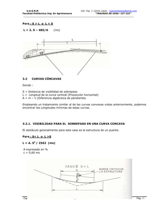 U.A.G.R.M Cat: Ing. J. Carlos López juancarlopeza@gmai.com
Facultad Politécnica-Ing. En Agrimensura “TRAZADO DE VIAS– CIT 222”
__________________________________________________________________________________
Capitulo VI Trazado Vial en Altimetria y Curvas Verticales en Carreteras Pag. 11
Para : S > L o L < S
L = 2. S – 485/A (ms)
L
3.2 CURVAS CÓNCAVAS
Donde :
S = Distancia de visibilidad de sobrepaso
L = Longitud de la curva vertical (Proyección horizontal)
A = m – n (Diferencia algebraica de pendientes
Empleando un tratamiento similar al de las curvas convexas vistas anteriormente, podemos
encontrar las Longitudes mínimas de estas curvas.
3.2.1. VISIBILIDAD PARA EL SOBREPASO EN UNA CURVA CONCAVA
El obstáculo generalmente para este caso es la estructura de un puente.
Para : S< L o L >S
L = A. S2
/ 2562 (ms)
A expresada en %
c = 0,60 ms
 