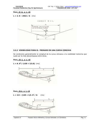 U.A.G.R.M Cat: Ing. J. Carlos López juancarlopeza@gmai.com
Facultad Politécnica-Ing. En Agrimensura “TRAZADO DE VIAS– CIT 222”
__________________________________________________________________________________
Capitulo VI Trazado Vial en Altimetria y Curvas Verticales en Carreteras Pag. 12
Para : S >L o L <S
L = 2. S – 2562 / A (ms)
3.2.2 VISIBILIDAD PARA EL FRENADO EN UNA CURVA CONCAVA
Se condiciona generalmente la Longitud de la curva cóncava a la visibilidad nocturna que
suele ser la más desventajosa entre otras.
Para : S< L o L >S
L = A. S2
/ (120 + 3,5.S) (ms)
L
Para : S>L o L <S
L = 2.S – (120 + 3,5. S)
/ A (ms)
L
 