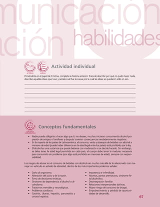 67
Actividad individual
Poniéndote en el papel de Cristina, completa la historia anterior. Trata de describir por qué no pudo hacer nada,
describe aquellas ideas que tuvo y señala cuál fue la causa por la cual las ideas se quedaron sólo en eso.
Conceptos fundamentales
•	 Nadie puede obligarte a hacer algo que tú no desees, muchos iniciaron consumiendo alcohol por
presión de amigos o familiares y después tuvieron consecuencias verdaderamente negativas.
•	 En la mayoría de los países de Latinoamérica, el consumo, venta y obsequio de bebidas con alcohol a
menores de edad (puede haber diferencia en la edad legal entre los países) está prohibido por la ley.
•	 El alcohol es una sustancia que puede beberse con moderación si se decide hacerlo. Sin embargo,
se debe tener la edad legal permitida en cada país; el cuerpo debe tener la madurez necesaria
para consumirlo sin problema (por algo está prohibido en menores de edad), siempre con respon-
sabilidad.
Los riesgos de abusar en el consumo de bebidas con alcohol van mucho más allá de lo relacionado con ma-
nejar un vehículo en estado de ebriedad, dentro de los más importantes podemos señalar:
•	 Daño al organismo.
•	 Alteración del juicio y de la razón.
•	 Toma de decisiones erráticas.
•	 Síndrome de dependencia al alcohol o al-
coholismo.
•	 Trastornos mentales y neurológicos.
•	 Problemas cardíacos.
•	 Gastritis, úlceras, hepatitis, pancreatitis y
cirrosis hepática.
•	 Impotencia e infertilidad.
•	 Abortos, partos prematuros, síndrome fe-
tal alcohólico.
•	 Desintegración familiar.
•	 Relaciones interpersonales dañinas.
•	 Mayor riesgo de consumo de drogas.
•	 Empobrecimiento y pérdida de oportuni-
dades de desarrollo.
 