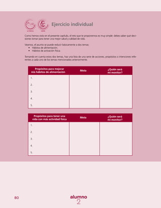 80
Ejercicio individual
Como hemos visto en el presente capítulo, el reto que te proponemos es muy simple: debes saber qué deci-
siones tomar para tener una mejor salud y calidad de vida.
Veamos, el asunto se puede reducir básicamente a dos temas:
•	 Hábitos de alimentación.
•	 Hábitos de activación física.
Tomando en cuenta estos dos temas, haz una lista de una serie de acciones, propósitos o intenciones refe-
rentes a cada uno de los temas mencionados anteriormente.
Propósitos para mejorar
mis hábitos de alimentación	
Meta	 ¿Quién será
mi monitor?
1.
2.
3.
4.
5.
Propósitos para tener una
vida con más actividad física
Meta	 ¿Quién será
mi monitor?
1.
2.
3.
4.
5.
 