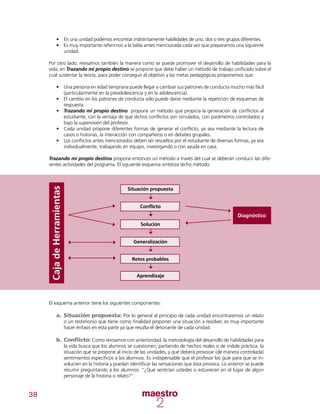 38
•	 En una unidad podemos encontrar indistintamente habilidades de uno, dos o tres grupos diferentes.
•	 Es muy importante referirnos a la tabla antes mencionada cada vez que preparamos una siguiente
unidad.
Por otro lado, revisamos también la manera como se puede promover el desarrollo de habilidades para la
vida, en Trazando mi propio destino se propone que debe haber un método de trabajo unificado sobre el
cual sustentar la teoría, para poder conseguir el objetivo y las metas pedagógicas proponemos que:
•	 Una persona en edad temprana puede llegar a cambiar sus patrones de conducta mucho más fácil
(particularmente en la preadolescencia y en la adolescencia).
•	 El cambio en los patrones de conducta sólo puede darse mediante la repetición de esquemas de
respuesta.
•	 Trazando mi propio destino propone un método que propicia la generación de conflictos al
estudiante, con la ventaja de que dichos conflictos son simulados, con parámetros controlados y
bajo la supervisión del profesor.
•	 Cada unidad propone diferentes formas de generar el conflicto, ya sea mediante la lectura de
casos o historias, la interacción con compañeros o en debates grupales.
•	 	Los conflictos antes mencionados deben ser resueltos por el estudiante de diversas formas, ya sea
individualmente, trabajando en equipo, investigando o con ayuda en casa.
Trazando mi propio destino propone entonces un método a través del cual se deberán conducir las dife-
rentes actividades del programa. El siguiente esquema sintetiza dicho método:
CajadeHerramientas
Situación propuesta
Conflicto
Solución
Generalización
Retos probables
Aprendizaje
Diagnóstico
El esquema anterior tiene los siguientes componentes:
a.	Situación propuesta: Por lo general al principio de cada unidad encontraremos un relato
o un testimonio que tiene como finalidad proponer una situación a resolver, es muy importante
hacer énfasis en esta parte ya que resulta el detonante de cada unidad.
b.	Conflicto: Como revisamos con anterioridad, la metodología del desarrollo de habilidades para
la vida busca que los alumnos se cuestionen, partiendo de hechos reales o de índole práctica, la
situación que se propone al inicio de las unidades, y que deberá provocar (de manera controlada)
sentimientos específicos a los alumnos. Es indispensable que el profesor los guíe para que se in-
volucren en la historia y puedan identificar las sensaciones que ésta provoca. Lo anterior se puede
resumir preguntando a los alumnos: “¿Qué sentirían ustedes si estuvieran en el lugar de algún
personaje de la historia o relato?”.
 