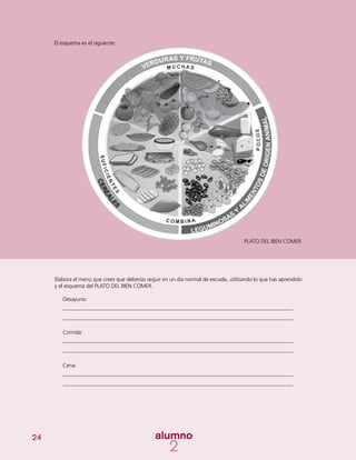 24
Elabora el menú que crees que deberías seguir en un día normal de escuela, utilizando lo que has aprendido
y el esquema del PLATO DEL BIEN COMER.
Desayuno:
	
Comida:
Cena:
PLATO DEL BIEN COMER
El esquema es el siguiente:
 