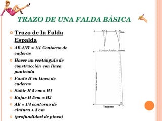 TRAZO DE UNA FALDA BÁSICA Trazo de la Falda Espalda AB-A'B' = 1/4 Contorno de caderas  Hacer un rectángulo de construcción con línea punteada Punto H en línea de caderas  Subir H 5 cm = H1  Bajar H 5cm = H2  AE = 1/4 contorno de cintura + 4 cm  (profundidad de pinza)  Unir EH1 con una curva poco pronunciada 