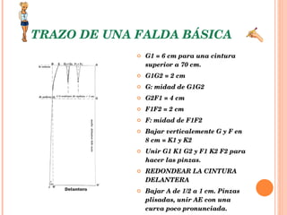 TRAZO DE UNA FALDA BÁSICA G1 = 6 cm para una cintura superior a 70 cm. G1G2 = 2 cm  G: midad de G1G2  G2F1 = 4 cm  F1F2 = 2 cm  F: midad de F1F2  Bajar verticalemente G y F en 8 cm = K1 y K2  Unir G1 K1 G2 y F1 K2 F2 para hacer las pinzas.  REDONDEAR LA CINTURA DELANTERA  Bajar A de 1/2 a 1 cm. Pinzas plisadas, unir AE con una curva poco pronunciada.  