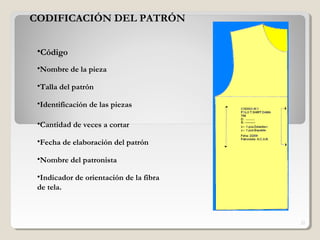 22
CODIFICACIÓN DEL PATRÓN
•Código
•Nombre de la pieza
•Talla del patrón
•Identificación de las piezas
•Cantidad de veces a cortar
•Fecha de elaboración del patrón
•Nombre del patronista
•Indicador de orientación de la fibra
de tela.
 