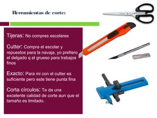 Herramientas de corte:

Tijeras: No compres escolares
Cutter: Compra el escolar y

repuestos para la navaja, yo prefiero
el delgado q el grueso para trabajos
finos

Exacto: Para mi con el cutter es

suficiente pero este tiene punta fina

Corta círculos: Te da una

excelente calidad de corte aun que el
tamaño es limitado.

 
