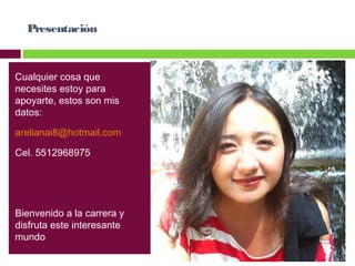 Presentación

Cualquier cosa que
necesites estoy para
apoyarte, estos son mis
datos:
arelianai8@hotmail.com
Cel. 5512968975

Bienvenido a la carrera y
disfruta este interesante
mundo

 