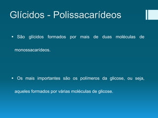 Glícidos - Polissacarídeos
 São glícidos formados por mais de duas moléculas de
monossacarídeos.
 Os mais importantes são os polímeros da glicose, ou seja,
aqueles formados por várias moléculas de glicose.
 
