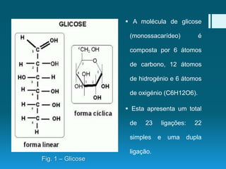  A molécula de glicose
(monossacarídeo) é
composta por 6 átomos
de carbono, 12 átomos
de hidrogénio e 6 átomos
de oxigénio (C6H12O6).
 Esta apresenta um total
de 23 ligações: 22
simples e uma dupla
ligação.
Fig. 1 – Glicose
 