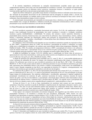 É de extrema importância correlacionar as variações microestruturais ocorridas nestes aços com seu
comportamento mecânico, bem como com suas propriedades de resistência à corrosão. Tais variações microestruturais
podem ser impostas através de diferentes meios corrosivos, tratamentos térmicos e mecânicos, os quais podem
ocasionar perdas significativas das principais propriedades destes materiais.
      Alguns dos efeitos indesejáveis, que podem surgir durante os tratamentos térmicos realizados nesta classe de aços,
são: formação de precipitados decorrentes da não solubilização total de nitrogênio na solução sólida γ, devido aos
elevados teores deste elemento, ou, também, pode-se citar a possível ocorrência de formação de fases como a ferrita δ,
carbonetos, fases intermetálicas (sigma e Laves) e nitretos.
      A caracterização microestrutural, por intermédio de microscopia ótica e eletrônica, do aço ISO 5832-9 realizada
neste trabalho tem o escopo de identificar a influência exercida por tratamentos termomecânicos sobre a cinética de
precipitação no aço inoxidável austenítico com alto teor de nitrogênio.

1.1. Fases Presentes nos Aços Inoxidáveis Auisteníticos

      Os aços inoxidáveis austeníticos, constituídos basicamente pelo sistema Fe-Cr-Ni, são amplamente utilizados
devido a uma combinação favorável de propriedades, tais como: resistência à corrosão e à oxidação, resistência
mecânica a quente, trabalhabilidade e soldabilidade. No entanto, não somente a matriz austenítica determina as
propriedades destes materiais. Numerosas fases, tais como ferrita δ, carbonetos, fases intermetálicas, nitretos, sulfetos,
boretos e martensitas induzidas por deformação, podem estar presentes na microestrutura dos aços inoxidáveis
austeníticos. A quantidade, o tamanho, a distribuição e a forma destas fases têm influência marcante nas propriedades
do material (Padilha & Guedes, 1994).
      Os carbonetos e fases intermetálicas são formados nos aços inoxidáveis austeníticos quando em exposição na faixa
de 500 a 900o C. Temperaturas abaixo de 1100o C são favoráveis à precipitação de nitretos e carbonetos, no estado
sólido, pois a solubilidade do nitrogênio e do carbono caem sensivelmente abaixo desta temperatura (Machado, 1999;
Padilha & Guedes, 1994). No entanto, em temperaturas inferiores a 500o C a precipitação de nitretos e de carbonetos
ocorre de maneira muito lenta. A precipitação inicia-se nos contornos de grão e pontos triplos, e com o tempo, crescem
e formam grandes partículas angulares, sendo, por fim, agrupados em pontos triplos (White & May, 1970).
      A adição de molibdênio ao sistema Fe-Cr-Ni contribui para a estabilização da ferrita, além de provocar o
aparecimento de várias fases intermetálicas, sendo que duas delas ocorrem com freqüência nos aços inoxidáveis: fase de
Laves Fe2 Mo (η) e fase χ (Fe36 Cr12 Mo12 ) (Padilha & Guedes, 1994).
      A adição de elementos que apresentam maior afinidade com o C, como Ti, Nb e V, é uma medida adotada para se
evitar a presença de carbonetos de cromo. No entanto, este elementos estabilizadores dão origem a carbonetos mais
estáveis. Os carbonetos que correm nos aços inoxidáveis austeníticos são do tipo M23 C6 , MC e M6 C. Os carbonetos
MC(M=Zr, Ti, Nb e V) são os mais estáveis dentre os carbonetos presentes nos aços inoxidáveis austeníticos, por outro
lado, apresentam uma estabilidade inferior a dos nitretos e sulfetos correspondentes, sendo assim, sua solubilidade na
matriz é maior. Quando comparado ao tipo M23 C6 sua capacidade de dissolver N é superior, consequentemente, sua
presença é favorecida nos aços inoxidáveis austeníticos com alto teor de nitrogênio.
      Os carbonetos M23 C6 (M=Cr, Fe, Mo e Ni) são representados pela fórmula mais comum de Cr23 C6 , no entanto, o Cr
pode ser substituído por Fe, Mo ou Ni, e o C pode ser parcialmente substituído por B ou N. Sua precipitação se dá após
longos tempos de envelhecimento. Nos materiais solubilizados e envelhecidos, apresentam a seguinte seqüência de
precipitação: inicialmente nos contornos de grão, contornos incoerentes de macla, contornos coerentes de macla,
interior dos grãos e por fim em discordâncias. A precipitação e dissolução deste carboneto estão relacionadas às fases
intermetálicas da seguinte forma: o carboneto M23 C6 precipita abaixo de 900o C, em seguida ocorre a precipitação das
fases χ e de Laves, quando a matriz estiver empobrecida por completo de C, então precipita-se a fase σ.
      As fases de Laves, Z, χ e σ são as fases intermetálicas de ocorrência mais comum nos aços inoxidáveis
austeníticos. Estas fases acarretam na perda de dutilidade e empobrecimento de importantes elementos à matriz, como
Cr, Mo, Ti, V e Nb, uma vez que estes elementos podem estar presentes nas composições destas fases. Dentre elas, a
fase de Laves é a única que pode proporcionar algum efeito benéfico ao material; causando endurecimento por
precipitação, quando encontra-se coerente com a matriz (Padilha & Guedes, 1994).
      A fase sigma é um composto intermetálico, de estrutura tetragonal, não magnético que tem efeitos nocivos nas
propriedades mecânicas e na resistência à corrosão dos aços inoxidáveis (Kobayashi, 1995). Ocorre nos aços
inoxidáveis que apresentam os seguintes sistemas binários: Fe-Cr, Fe-Mo, Fe-Nb e Fe-V. A nucleação incoerente com a
matriz em locais de alta energia e a dependência da baixa difusividade dos elementos substitucionais para esta fase
crescer, faz com que sua cinética de precipitação seja muito lenta (Padilha & Guedes, 1994). Sua precipitação pode ser
diretamente aplicada para todo material austenítico ou pode precipitar de outras direções ou vias de ferrita transicional,
dependendo da composição da austenita (White & May, 1970).
      As fases de Laves possuem estrutura atômica hexagonal (Padilha & Guesdes, 1994). A fase de Laves mais comum
nos aços inoxidáveis austeníticos é do tipo C14(MgZn2 ), apresentando as seguintes estequiometrias: Fe2 Mo, Fe2 Ti e
Fe2 Nb. O único efeito benéfico causado por esta fase ao material é o endurecimento por precipitação, por outro lado,
causa queda da dutilidade e empobrecimento da matriz em Mo, Ti, e Nb.
      A fase Z é detectada com freqüência nos aços inoxidáveis austeníticos que contêm Nb e N em sua composição
química. Esta fase é um complexo nitreto de cromo-nióbio (Nb-Cr-N), precipitado primário, que pode conter em sua
 
