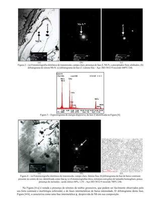 Z                              Nb-N                                             Z




                  Nb-N




                    (a)                                         (b)                                        (c)
Figura 2 – (a) Fotomicrografia eletrônica de transmissão, campo claro, presença de fase Z, Nb-N, e precipitados finos alinhados; (b)
          difratograma do nitreto Nb-N; (c) difratograma da fase Z. Lâmina fina – Aço ISO 5832-9 recozido 600oC/24h.




                       Figura 3 – Espectrograma de energia dispersiva, da fase Z identificada na Figura [4].




                          χ.




                      (a)                                         (b)                                        (c)
   Figura 4 – (a) Fotomicrografia eletrônica de transmissão, campo claro, lâmina fina; (b) difratograma da fase de baixo contraste
 presente no centro de (a), identificada como fase χ; (c) Fotomicrografias ótica, estrutura com grãos de tamanho homogêneo, pouca
                       presença de inclusões - acido nítrico 60%, 1,5V - Aço ISO 5832-9 recozido 700oC/24h.

     Na Figura [4-a] é notada a presença de nitretos de nióbio grosseiros, que podem ser facilmente observados pelo
seu forte contraste e morfologia esferoidal, e de fases intermetálicas de baixa intensidade. O difratograma desta fase,
Figura [4-b], a caracteriza como uma fase intermetálica χ, desprovida de Nb em sua composição.
 