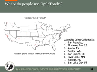 Where do people use CycleTracks?




                                                           Agencies using Cycletracks:
                                                           1. San Francisco
                                                           2. Monterey Bay, CA
                                                           3. Austin, TX
                                                           4. Seattle, WA
     *based on optional homeZIP field, NOT TRIP LOCATION   5. Fort Collins, CO
                                                           6. Twin Cities, MN
                                                           7. Raleigh, NC
                                                           8. Salt Lake City, UT

       SAN FRANCISCO COUNTY TRANSPORTATION AUTHORITY                              14
 