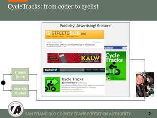 CycleTracks: from coder to cyclist


                      Publicity! Advertising! Stickers!




  iTunes
   Store

  Android
  Market




        SAN FRANCISCO COUNTY TRANSPORTATION AUTHORITY     5
 