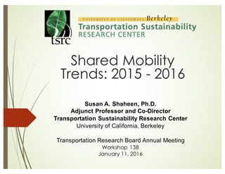 Susan  A.  Shaheen,  Ph.D.
Adjunct  Professor  and  Co-­Director
Transportation  Sustainability  Research  Center
University  of  California,  Berkeley
Transportation  Research  Board  Annual  Meeting
Workshop 138
January 11, 2016
Shared Mobility
Trends: 2015 - 2016
 