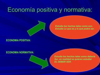 Economía positiva y normativa:

                      Estudia los hechos tales como son,
                      Estudia Lo que es y lo que podrá ser.




ECONOMIA POSITIVA:



ECONOMIA NORMATIVA:
                      Estudia los hechos tales como debería
                      Ser, en realidad se quieren estudiar
                      EL DEBER SER.
 