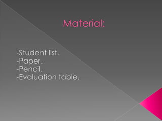 Material:-Student list.-Paper.-Pencil.-Evaluation table.