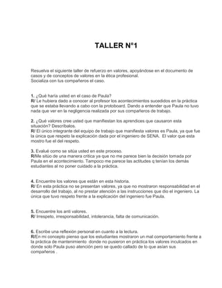 TALLER N°1


Resuelva el siguiente taller de refuerzo en valores, apoyándose en el documento de
casos y de conceptos de valores en la ética profesional.
Socializa con tus compañeros el caso.


1. ¿Qué haría usted en el caso de Paula?
R/ Le hubiera dado a conocer al profesor los acontecimientos sucedidos en la práctica
que se estaba llevando a cabo con la protoboard. Dando a entender que Paula no tuvo
nada que ver en la negligencia realizada por sus compañeros de trabajo.

2. ¿Qué valores cree usted que manifiestan los aprendices que causaron esta
situación? Descríbalos.
R/ El único integrante del equipo de trabajo que manifiesta valores es Paula, ya que fue
la única que respeto la explicación dada por el ingeniero de SENA. El valor que esta
mostro fue el del respeto.

3. Evalué como se sitúa usted en este proceso.
R/Me sitúo de una manera critica ya que no me parece bien la decisión tomada por
Paula en el acontecimiento. Tampoco me parece las actitudes q tenían los demás
estudiantes al no poner cuidado a la práctica.


4. Encuentre los valores que están en esta historia.
R/ En esta práctica no se presentan valores, ya que no mostraron responsabilidad en el
desarrollo del trabajo, al no prestar atención a las instrucciones que dio el ingeniero. La
única que tuvo respeto frente a la explicación del ingeniero fue Paula.


5. Encuentre los anti valores.
R/ Irrespeto, irresponsabilidad, intolerancia, falta de comunicación.


6. Escribe una reflexión personal en cuanto a la lectura.
R/En mi concepto pienso que los estudiantes mostraron un mal comportamiento frente a
la práctica de mantenimiento donde no pusieron en práctica los valores inculcados en
donde solo Paula puso atención pero se quedo callado de lo que asían sus
compañeros .
 