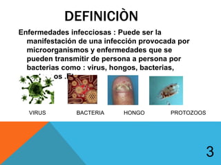 DEFINICIÒN
Enfermedades infecciosas : Puede ser la
manifestación de una infección provocada por
microorganismos y enfermedades que se
pueden transmitir de persona a persona por
bacterias como : virus, hongos, bacterias,
protozoos .Etc...
3
VIRUS BACTERIA HONGO PROTOZOOS
 