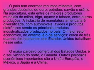 O país tem enormes recursos minerais, com grandes depósitos de ouro, petróleo, carvão e urânio. Na agricultura, está entre os maiores produtores mundiais de milho, trigo, açúcar e tabaco, entre outras produções. A indústria de manufatura americana é diversificada, com automóveis, aviões e produtos eletrônicos sendo os principais produtos industrializados produzidos no país. O maior setor econômico, no entanto, é o de serviços: cerca de três quartos dos habitantes dos Estados Unidos trabalham nesse setor. O maior parceiro comercial dos Estados Unidos é o seu vizinho do norte, o Canadá. Outros parceiros econômicos importantes são a União Européia, o México, o Japão e a China. 