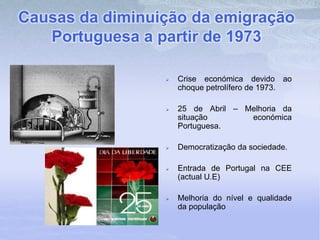 Causas da diminuição da emigração
Portuguesa a partir de 1973
 Crise económica devido ao
choque petrolífero de 1973.
 25 de Abril – Melhoria da
situação económica
Portuguesa.
 Democratização da sociedade.
 Entrada de Portugal na CEE
(actual U.E)
 Melhoria do nível e qualidade
da população
 