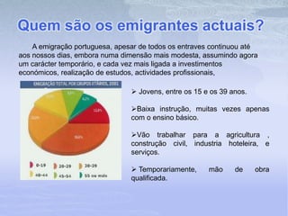 Quem são os emigrantes actuais?
 Jovens, entre os 15 e os 39 anos.
Baixa instrução, muitas vezes apenas
com o ensino básico.
Vão trabalhar para a agricultura ,
construção civil, industria hoteleira, e
serviços.
 Temporariamente, mão de obra
qualificada.
A emigração portuguesa, apesar de todos os entraves continuou até
aos nossos dias, embora numa dimensão mais modesta, assumindo agora
um carácter temporário, e cada vez mais ligada a investimentos
económicos, realização de estudos, actividades profissionais,
 
