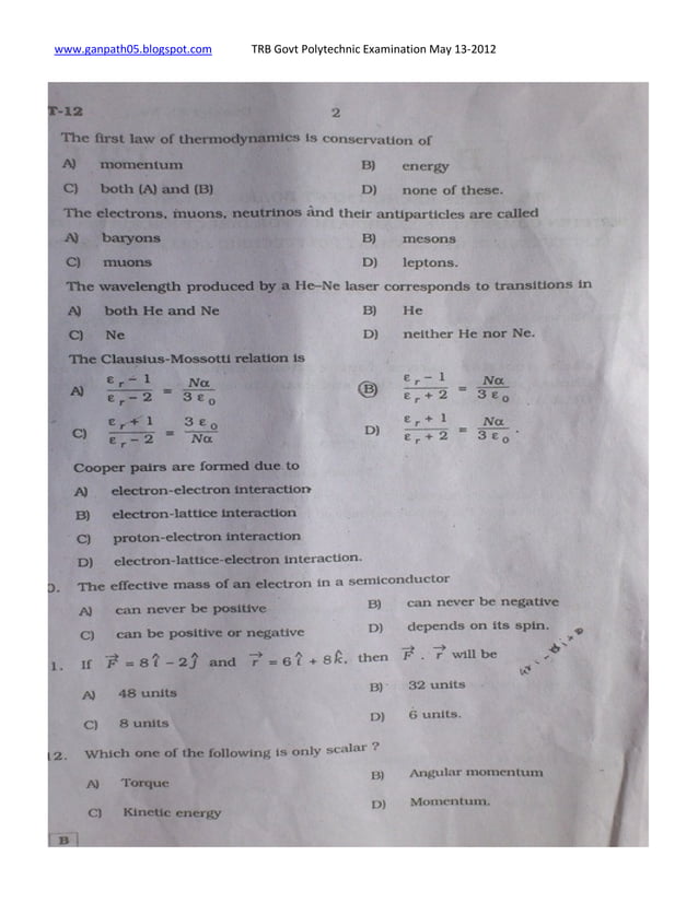 Trb Govt Polytechnic Exam May 2012 Pdf