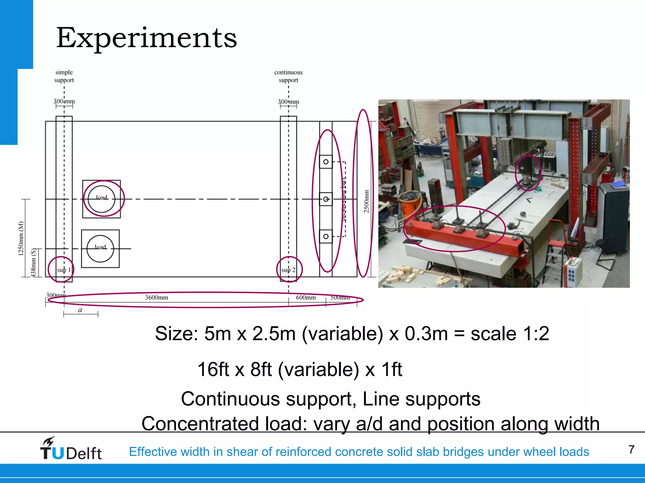 Experiments

Size: 5m x 2.5m (variable) x 0.3m = scale 1:2
16ft x 8ft (variable) x 1ft
Continuous support, Line supports
Concentrated load: vary a/d and position along width
Effective width in shear of reinforced concrete solid slab bridges under wheel loads

7

 
