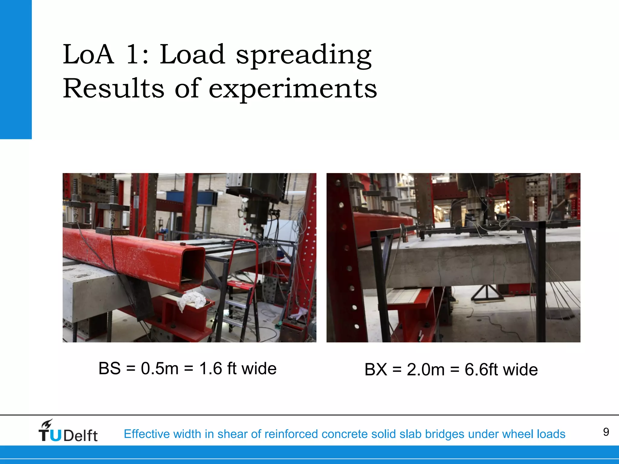 LoA 1: Load spreading
Results of experiments

BS = 0.5m = 1.6 ft wide

BX = 2.0m = 6.6ft wide

Effective width in shear of reinforced concrete solid slab bridges under wheel loads

9

 