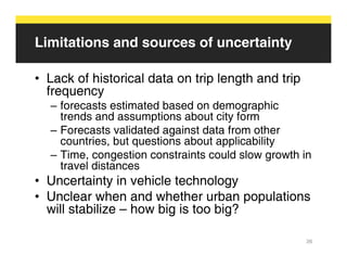 Limitations and sources of uncertainty

• Lack of historical data on trip length and trip
  frequency
  – forecasts estimated based on demographic
    trends and assumptions about city form
  – Forecasts validated against data from other
    countries, but questions about applicability
  – Time, congestion constraints could slow growth in
    travel distances
• Uncertainty in vehicle technology
• Unclear when and whether urban populations
  will stabilize – how big is too big?

                                                    26
 