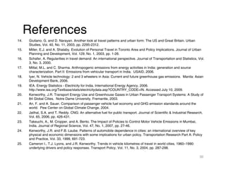 References
14.   Giuliano, G. and D. Narayan. Another look at travel patterns and urban form: The US and Great Britain. Urban
      Studies, Vol. 40, No. 11, 2003, pp. 2295-2312.
15.   Miller, E.J. and A. Shalaby. Evolution of Personal Travel in Toronto Area and Policy Implications. Journal of Urban
      Planning and Development, Vol. 129, No. 1, 2003, pp. 1-26.
16.   Schafer, A. Regularities in travel demand: An international perspective. Journal of Transportation and Statistics, Vol.
      3, No. 3, 2000.
17.   Mittal, M.L. and C. Sharma. Anthropogenic emissions from energy activities in India: generation and source
      characterization. Part II: Emissions from vehicular transport in India. USAID, 2006.
18.   Iyer, N. Vehicle technology: 2 and 3 wheelers in Asia: Current and future greenhouse gas emissions. Manila: Asian
      Development Bank, 2006.
19.   IEA. Energy Statistics - Electricity for India. International Energy Agency, 2006.
      http://www.iea.org/Textbase/stats/electricitydata.asp?COUNTRY_CODE=IN. Accessed July 10, 2009.
20.   Kenworthy, J.R. Transport Energy Use and Greenhouse Gases in Urban Passenger Transport Systems: A Study of
      84 Global Cities. Notre Dame University, Fremantle, 2003.
21.   An, F. and A. Sauer. Comparison of passenger vehicle fuel economy and GHG emission standards around the
      world. Pew Center on Global Climate Change, 2004.
22.   Jalihal, S.A. and T. Reddy. CNG: An alternative fuel for public transport. Journal of Scientific & Industrial Research,
      Vol. 65, 2006, pp. 426-431.
23.   Takeuchi, A., M. Cropper, and A. Bento. The Impact of Policies to Control Motor Vehicle Emissions in Mumbai,
      India. Journal of Regional Science, Vol. 47, No. 1, 2007, pp. 27-46.
24.   Kenworthy, J.R. and F.B. Laube. Patterns of automobile dependence in cities: an international overview of key
      physical and economic dimensions with some implications for urban policy. Transportation Research Part A: Policy
      and Practice, Vol. 33, 1999, 691-723.
25.   Cameron I., T.J. Lyons, and J.R. Kenworthy. Trends in vehicle kilometres of travel in world cities, 1960–1990:
      underlying drivers and policy responses. Transport Policy, Vol. 11, No. 3, 2004, pp. 287-298.

                                                                                                                         30
 