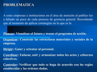 PROBLEMATICA
A estas empresas e instituciones en el área de atención al publico les
a faltado un poco de cada proceso de gerencia general. Recordando
que al momento de aplicar estrategias en lo que es la
Planear: Visualizar el futuro y trazar el programa de acción.
Organizar: Construir las estructuras materiales y sociales de la
empresa.
Dirigir: Guiar y orientar al personal.
Coordinar: Enlazar, unir y armonizar todos los actos y esfuerzos
colectivos.
Controlar: Verificar que todo se haga de acuerdo con las reglas
establecidas y las ordenes dadas.

 