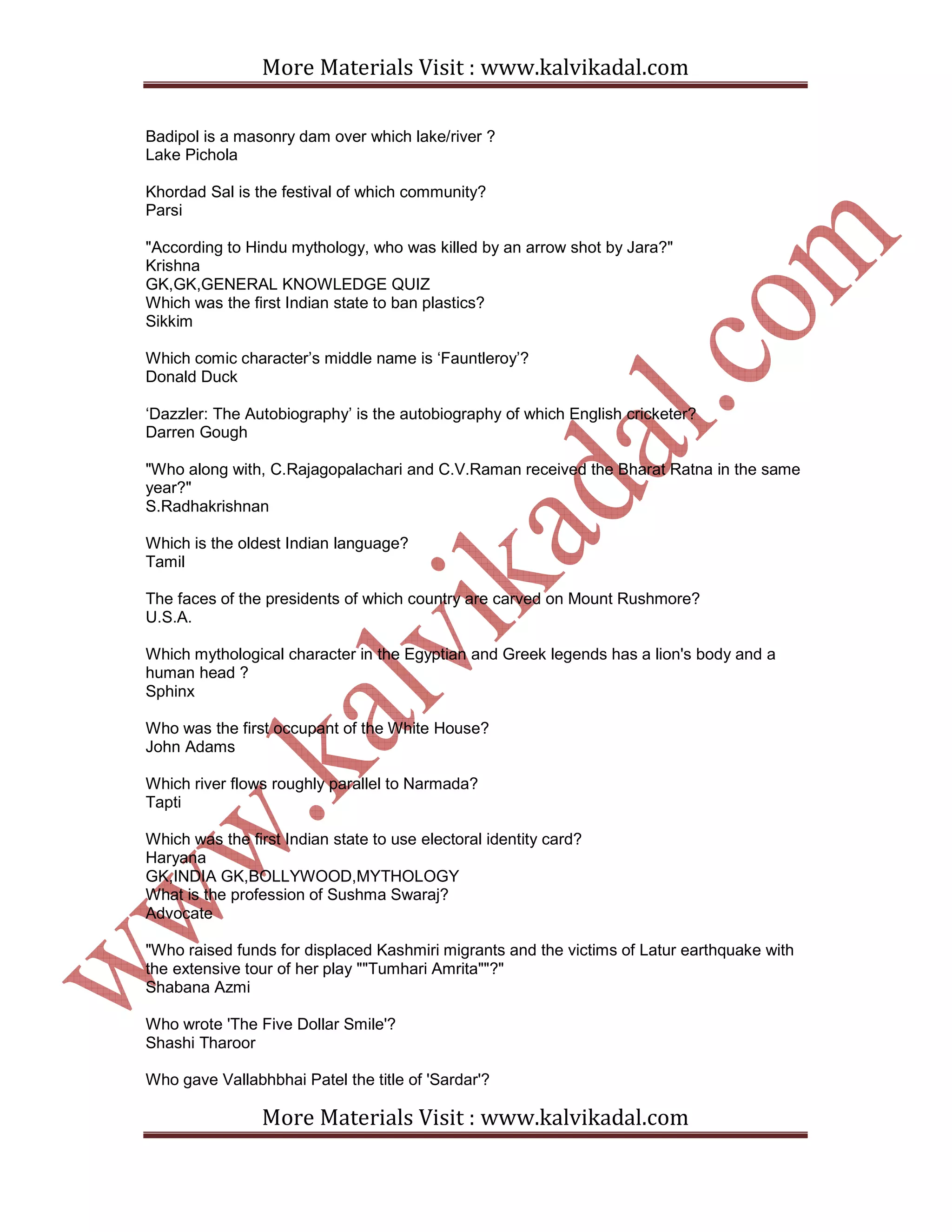 More Materials Visit : www.kalvikadal.com
More Materials Visit : www.kalvikadal.com
Badipol is a masonry dam over which lake/river ?
Lake Pichola
Khordad Sal is the festival of which community?
Parsi
"According to Hindu mythology, who was killed by an arrow shot by Jara?"
Krishna
GK,GK,GENERAL KNOWLEDGE QUIZ
Which was the first Indian state to ban plastics?
Sikkim
Which comic character’s middle name is ‘Fauntleroy’?
Donald Duck
‘Dazzler: The Autobiography’ is the autobiography of which English cricketer?
Darren Gough
"Who along with, C.Rajagopalachari and C.V.Raman received the Bharat Ratna in the same
year?"
S.Radhakrishnan
Which is the oldest Indian language?
Tamil
The faces of the presidents of which country are carved on Mount Rushmore?
U.S.A.
Which mythological character in the Egyptian and Greek legends has a lion's body and a
human head ?
Sphinx
Who was the first occupant of the White House?
John Adams
Which river flows roughly parallel to Narmada?
Tapti
Which was the first Indian state to use electoral identity card?
Haryana
GK,INDIA GK,BOLLYWOOD,MYTHOLOGY
What is the profession of Sushma Swaraj?
Advocate
"Who raised funds for displaced Kashmiri migrants and the victims of Latur earthquake with
the extensive tour of her play ""Tumhari Amrita""?"
Shabana Azmi
Who wrote 'The Five Dollar Smile'?
Shashi Tharoor
Who gave Vallabhbhai Patel the title of 'Sardar'?
 