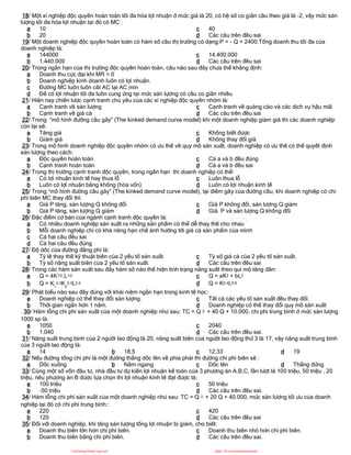 18/ Một xí nghiệp độc quyền hoàn toàn tối đa hóa lợi nhuận ở mức giá là 20, có hệ số co giãn cầu theo giá là -2, vậy mức sản
lượng tối đa hóa lợi nhuận tại đó có MC :
a 10
b 20
c 40
d Các câu trên đều sai
19/ Một doanh nghiệp độc quyền hoàn toàn có hàm số cầu thị trường có dạng:P = - Q + 2400.Tổng doanh thu tối đa của
doanh nghiệp là:
a 144000
b 1.440.000
c 14.400.000
d Các câu trên đều sai
20/ Trong ngắn hạn của thị trường độc quyền hoàn toàn, câu nào sau đây chưa thể khẳng định:
a Doanh thu cực đại khi MR = 0
b Doanh nghiệp kinh doanh luôn có lợi nhuận.
c Đường MC luôn luôn cắt AC tại AC min
d Để có lợi nhuận tối đa luôn cung ứng tại mức sản lựơng có cầu co giãn nhiều
21/ Hiện nay chiến lược cạnh tranh chủ yếu của các xí nghiệp độc quyền nhóm là:
a Cạnh tranh về sản lượng
b Cạnh tranh về giá cả
c Cạnh tranh về quảng cáo và các dịch vụ hậu mãi
d Các câu trên đều sai
22/ Trong “mô hình đường cầu gãy” (The kinked demand curve model) khi một doanh nghiệp giảm giá thì các doanh nghiệp
còn lại sẽ:
a Tăng giá
b Giảm giá
c Không biết được
d Không thay đổi giá
23/ Trong mô hình doanh nghiệp độc quyền nhóm có ưu thế về quy mô sản xuất, doanh nghiệp có ưu thế có thể quyết định
sản lượng theo cách:
a Độc quyền hoàn toàn
b Cạnh tranh hoàn toàn
c Cả a và b đều đúng
d Cả a và b đều sai
24/ Trong thị trường cạnh tranh độc quyền, trong ngắn hạn thì doanh nghiệp có thể:
a Có lợi nhuận kinh tế hay thua lỗ
b Luôn có lợi nhuận bằng không (hòa vốn)
c Luôn thua lỗ
d Luôn có lợi nhuận kinh tế
25/ Trong “mô hình đường cầu gãy” (The kinked demand curve model), tại điểm gãy của đường cầu, khi doanh nghiệp có chi
phí biên MC thay đổi thì:
a Giá P tăng, sản lượng Q không đổi
b Giá P tăng, sản lượng Q giảm
c Giá P không đổi, sản lượng Q giảm
d Giá P và sản lượng Q không đổi
26/ Đặc điểm cơ bản của ngành cạnh tranh độc quyền là:
a Có nhiều doanh nghiệp sản xuất ra những sản phẩm có thể dễ thay thế cho nhau
b Mỗi doanh nghiệp chỉ có khả năng hạn chế ảnh hưởng tới giá cả sản phẩm của mình
c Cả hai câu đều sai
d Cả hai câu đều đúng
27/ Độ dốc của đường đẳng phí là:
a Tỷ lệ thay thế kỹ thuật biên của 2 yếu tố sản xuất.
b Tỷ số năng suất biên của 2 yếu tố sản xuất.
c Tỷ số giá cả của 2 yếu tố sản xuất.
d Các câu trên đều sai
28/ Trong các hàm sản xuất sau đây hàm số nào thể hiện tình trạng năng suất theo qui mô tăng dần:
a Q = 4K1/2.L1/2
b Q = K1
0,3K2
0,3L0,3
c Q = aK2 + bL2
d Q = K0,4L0,6
29/ Phát biểu nào sau đây đúng với khái niệm ngắn hạn trong kinh tế học:
a Doanh nghiệp có thể thay đổi sản lượng.
b Thời gian ngắn hơn 1 năm.
c Tất cả các yếu tố sản xuất đều thay đổi.
d Doanh nghiệp có thể thay đổi quy mô sản xuất
. 30/ Hàm tỗng chi phí sản xuất của một doanh nghiệp như sau: TC = Q 2 + 40 Q + 10.000, chi phí trung bình ở mức sản lượng
1000 sp là:
a 1050
b 1.040
c 2040
d Các câu trên đều sai.
31/ Năng suất trung bình của 2 người lao động là 20, năng suất biên của người lao động thứ 3 là 17, vậy năng suất trung bình
của 3 người lao động là:
a 14 b 18,5 c 12,33 d 19
32/ Nếu đường tổng chi phí là một đường thẳng dốc lên về phía phải thì đường chi phí biên sẽ :
a Dốc xuống b Nằm ngang c Dốc lên d Thẳng đứng
33/ Cùng một số vốn đầu tư, nhà đầu tư dự kiến lợi nhuận kế toán của 3 phương án A,B,C, lần lượt là 100 triệu, 50 triệu , 20
triệu, nếu phương án B được lựa chọn thì lợi nhuận kinh tế đạt được là:
a 100 triệu
b -50 triệu
c 50 triệu
d Các câu trên đều sai.
34/ Hàm tỗng chi phí sản xuất của một doanh nghiệp như sau: TC = Q 2 + 20 Q + 40.000, mức sản lượng tối ưu của doanh
nghiệp tại đó có chi phí trung bình::
a 220
b 120
c 420
d Các câu trên đều sai
35/ Đối với doanh nghiệp, khi tăng sản lượng tổng lợi nhuận bị giảm, cho biết:
a Doanh thu biên lớn hơn chi phí biên.
b Doanh thu biên bằng chi phí biên.
c Doanh thu biên nhỏ hơn chi phí biên.
d Các câu trên đều sai.
CuuDuongThanCong.com https://fb.com/tailieudientucntt
 
