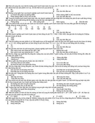 36/ Hàm số cung cầu của một thị trường cạnh tranh hoàn toàn như sau: (S) P = Q /20 +10, (D) P = - Q / 60 + 20, nếu chính
phủ đánh thuế vào sản phẩm 2 đ / sp , thì tổn thất vô ích của xã hội là :
a 60
b 240
c 30
d Các câu trên đều sai
37/ Đường cung ngắn hạn của doanh nghiệp cạnh tranh hoàn toàn là:
a Là nhánh bên phải của đường SMC.
b Phần đường SMC từ AVC min trở lên.
c Phần đường SMC từ AC min trở lên.
d Các câu trên đều sai.
38/ Trong thị trường cạnh tranh hoàn toàn nếu các doanh nghiệp mới gia nhập làm cho lượng cầu yếu tố sản xuất tăng nhưng
giá các yếu tố sản xuất không đổi thì đường cung dài hạn của ngành sẽ:
a Thẳng đứng b Dốc xuống dưới c Nằm ngang d Dốc lên trên
39/ Cho biết số liệu về chi phí sản xuất của một doanh nghiệp cạnh tranh hoàn toàn như sau.Nếu giá trên thị trường là
16đ/sp, tổng lợi nhuận tối đa là
Q: 0 10 12 14 16 18 20
TC: 80 115 130 146 168 200 250
a 88
b 170
c 120
d Các câu trên đều sai
40/ Một doanh nghiệp cạnh tranh hoàn toàn có hàm tổng chi phí TC = 10Q2 +10Q +450, nếu giá trên thị trường là 210đ/sp.
tổng lợi nhuân tối đa là
a 1000
b 1550
c 550
d Các câu trên đều sai.
41/ Trên thị trường của sản phẩm X có 100 người mua và 50 người bán, hàm số cầu của mỗi người mua là như nhau có dạng:
P = - q / 2 + 20, những người bán có hàm tổng chi phí như nhau: TC = q 2 + 2q + 40 .Gía cả cân bằng trên thị trường:
a 18
b 7,2
c 16,4
d Các câu trên đều sai.
42/ Khi giá bán nhỏ hơn chi phí trung bình, doanh nghiệp cạnh tranh hoàn toàn nên:
a Sản xuất ở mức sản lượng tại đó: MR = MC
b Sản xuất ở mức sản lượng tại đó: P = MC
c Ngừng sản xuất.
d Các câu trên đều có thể xảy ra
43/ Khi thu nhập của người tiêu thụ tăng lên, lượng cầu của sản phẩm Y giảm xuống, với các yếu tố khác không đổi, điều đó
cho thấy sản phẩm Y là :
a Hàng thông thường.
b Hàng xa xỉ
c Hàng cấp thấp.
d Hàng thiết yếu.
44/ Độ co giãn cầu theo giá phụ thuộc vào các nhân tố:
a Tính thay thế của sản phẩm.
b Sở thích thị hiếu của người tiêu dùng.
c Cả a và b đều sai.
d Cả a và b đều đúng.
45/ Khi thu nhập dân chúng tăng lên, các nhân tố khác không thay đổi. Giá cả & số lượng cân bằng mới của loại hàng hóa
thứ cấp (hàng xấu) sẽ :
a Giá cao hơn và số lượng nhỏ hơn.
b Giá thấp hơn và số lượng nhỏ hơn.
c Giá thấp hơn và số lượng lớn hơn.
d Giá cao hơn và số lượng không đổi.
46/ Khi giá của Y tăng làm cho lượng cầu của X giảm trong điều kiện các yếu tố khác không đổi. Vậy 2 sản phẩm X và Y có
mối quan hệ:
a Độc lập với nhau.
b Thay thế cho nhau.
c Bổ sung cho nhau.
d Các câu trên đều sai.
47/ Suy thoái kinh tế toàn cầu đã làm giảm mức cầu dầu mỏ nên giá dầu mỏ giảm mạnh. Có thể minh hoạ sự kiện này trên
đồ thị (trục tung ghi giá, trục hoành ghi lượng cầu) bằng cách:
a Vẽ đường cầu dịch chuyển sang trái
b Vẽ một đường cầu có độ dốc âm
c Vẽ đường cầu dịch chuyển sag phải
d Vẽ một đường cầu thẳng đứng
48/ Trường hợp nào sau đây làm cho đường cung xe gắn máy dịch chuyển sang trái:
a Thu nhập của người tiêu diùng tăng.
b Gía xăng tăng.
c Gía xe gắn máy tăng.
d Không có câu nào đúng.
49/ Một sản phẩm có hàm số cầu thị trường và hàm số cung thị trường lần lượt là QD = -2P + 200 và QS = 2P - 40. Bạn dự
báo giá của sản phẩm này trên thị trường là:
a P = 100 $ b P = 80 $ c P = 40 $ d P = 60 $
50/ Một người tiêu thụ có thu nhập là 1000đvt, lượng cầu sản phẩm X là 10 sp, khi thu nhập tăng lên là 1200đvt, lượng cầu
của sản phẩm X tăng lên là 13 sp, vậy sản phẩm X thuộc hàng
a Hàng thông thường.
b Hàng thiết yếu
c Hàng cấp thấp.
d Hàng xa xỉ
CuuDuongThanCong.com https://fb.com/tailieudientucntt
 