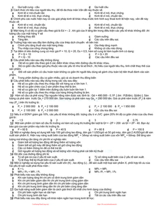 c Qui luật cung - cầu d Qui luật cầu
3/ Cách thức chi tiêu của người tiêu thụ để tối đa thỏa mãn.Vấn đề này thuộc về
a Kinh tế vi mô,chuẩn tắc
b Kinh tế tế vi mô, thực chứng
c Kinh tế vĩ mô, thực chứng.
d Kinh tế vĩ mô, chuẩn tắc.
4/ Chính phủ các nước hiện nay có các giải pháp kinh tế khác nhau trước tình hình suy thoái kinh tế hiện nay, vấn đề này
thuộc về
a Kinh tế vi mô, chuẩn tắc
b Kinh tế vĩ mô, thực chứng
c Kinh tế vĩ mô, chuẩn tắc
d Kinh tế vi mô, thực chứng
5/ Mặt hàng X có độ co giãn cầu theo giá là Ed = - 2 , khi giá của X tăng lên trong điều kiện các yếu tố khác không đổi ,thì
lượng cầu của mặt hàng Y sẽ
a Không thay đổi
b Tăng lên.
c Gỉam xuống
d Các câu trên đều sai.
6/ Trường hợp nào sau đây làm đường cầu của thép dịch chuyển về bên trái:
a Chính phủ tăng thuế vào mặt hàng thép.
b Thu nhập của công chúng tăng.
c Gía thép tăng mạnh
d Không có câu nào đúng.
7/ Tại điểm A trên đường cung có mức giá P = 10, Q = 20, Es = 0,5, hàm số cung là hàm tuyến tính có dạng:
a P = Q + 10
b P = Q - 10
c P = Q + 20
d Các câu trên đều sai
8/ Câu phát biểu nào sau đây không đúng:
a Hệ số co giãn cầu theo giá ở các điểm khác nhau trên đường cầu thì khác nhau.
b Độ co giãn cầu theo giá phụ thuộc vào các yếu tố như là sở thích , thị hiếu của người tiêu thụ, tính chất thay thế của
sản phẩm.
c Đối với sản phẩm có cầu hoàn toàn không co giãn thì người tiêu dùng sẽ gánh chịu toàn bộ tiền thuế đánh vào sản
phẩm.
d Trong phần đường cầu co giãn nhiều, giá cả và doanh thu đồng biến
9/ Câu phát biểu nào sau đây đúng trong các câu sau đây:
a Hệ số co giãn cầu theo thu nhập đối với hàng xa xỉ lớn hơn 1.
b Hệ số co giãn chéo của 2 sản phẩm thay thế là âm.
c Hệ số co giãn tại 1 điểm trên đường cầu luôn luôn lớn hơn 1.
d Hệ số co giãn cầu theo thu nhập của hàng thông thường là âm.
10/ Hàm số cầu cà phê vùng Tây nguyên hằng năm được xác định là : Qd = 480.000 - 0,1P. [ đvt : P($/tấn), Q(tấn) ]. Sản
lượng cà phê năm trước Qs1
= 270 000 tấn. Sản lượng cà phê năm nay Qs2
= 280 000 tấn. Giá cà phê năm trước (P1
) & năm
nay (P2
) trên thị trường là :
a P1
= 2 000 000 & P2
= 2 100 000
b P1
= 2 100 000 & P2
= 2 000 000
c P1
= 2 100 000 & P2
= 1 950 000
d Các câu kia đều sai
11/ Nếu ti vi SONY giảm giá 10%, các yếu tố khác không đổi. lượng cầu ti vi JVC giảm 20% thì độ co giãn chéo của cầu theo
giá là :
a - 1,5 b 2 c 3 d 0,75
12/ Một sản phẩm có hàm số cầu thị trường và hàm số cung thị trường lần lượt là QD = -2P + 200 và QS = 2P - 40. Bạn dự
báo giá của sản phẩm này trên thị trường là:
a P = 60 $ b P = 40 $ c P = 80 $ d P = 100 $
13/ Một xí nghiệp đang sử dụng kết hợp 100 giờ công lao động, đơn giá 1 USD/giờ và 50 giờ máy, đơn giá 2,4USD/giờ để sản
xuất sản phẩm X. Hiện nay năng suất biên của lao động MPL
= 3đvsp và năng suất biên của vốn MPK
= 6đvsp. Để tăng sản
lượng mà không cần tăng chi phí thì xí nghiệp nên:
a Giảm bớt số lượng lao động để tăng thêm số lượng vốn
b Giảm bớt số giờ máy để tăng thêm số giờ công lao động
c Cần có thêm thông tin để có thể trả lời
d Giữ nguyên số lượng lao động và số lượng vốn nhưng phải cải tiến kỹ thuật
14/ Độ dốc của đường đẳng phí là:
a Tỷ số giá cả của 2 yếu tố sản xuất.
b Tỷ lệ thay thế kỹ thuật biên của 2 yếu tố sản xuất.
c Tỷ số năng suất biên của 2 yếu tố sản xuất.
d Các câu trên đều sai
15/ Một xí nghiệp sử dụng hai yếu tố sản xuất vốn (K) , lao động (L) , để sản xuất một loại sản phẩm X, phối hợp tối ưu của
hai yếu tố sản xuất phải thỏa mãn :
a K = L
b MPK / PK = MPL / PL
c MPK = MPL
d MPK /PL = MPL / PK
16/ Phát biểu nào sau đây không đúng:
a Khi sản lượng tăng thì chi phí cố định trung bình giảm dần
b Khi chi phí biên giảm dần thì chi phí trung bình cũng giảm dần
c Khi chi phí trung bình giảm dần thì chi phí biên cũng giảm dần
d Khi chi phí trung bình tăng dần thì chi phí biên cũng tăng dần
17/ Qui luật năng suất biên giảm dần là cách giải thích tốt nhất cho hình dạng của đường:
a Chi phí biên ngắn hạn và dài hạn
b Chi phí trung bình dài hạn
c Chi phí trung bình ngắn hạn
d Tất cả các câu trên đều sai
18/ Phát biểu nào sau đây đúng với khái niệm ngắn hạn trong kinh tế học:
CuuDuongThanCong.com https://fb.com/tailieudientucntt
 