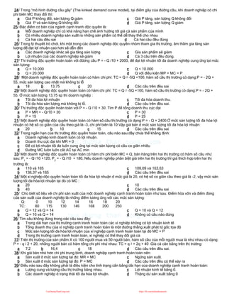 24/ Trong “mô hình đường cầu gãy” (The kinked demand curve model), tại điểm gãy của đường cầu, khi doanh nghiệp có chi
phí biên MC thay đổi thì:
a Giá P không đổi, sản lượng Q giảm
b Giá P và sản lượng Q không đổi
c Giá P tăng, sản lượng Q không đổi
d Giá P tăng, sản lượng Q giảm
25/ Đặc điểm cơ bản của ngành cạnh tranh độc quyền là:
a Mỗi doanh nghiệp chỉ có khả năng hạn chế ảnh hưởng tới giá cả sản phẩm của mình
b Có nhiều doanh nghiệp sản xuất ra những sản phẩm có thể dễ thay thế cho nhau
c Cả hai câu đều sai d Cả hai câu đều đúng
26/ Trong lý thuyết trò chơi, khi một trong các doanh nghiệp độc quyền nhóm tham gia thị trường, âm thầm gia tăng sản
lượng để đạt lợi nhuận cao hơn sẽ dẫn đến
a Các doanh nghiệp khác sẽ gia tăng sản lượng
b Lợi nhuận của các doanh nghiệp sẽ giảm
c Gía sản phẩm sẽ giảm
d Cả 3 câu trên đều đúng.
27/ Thi trường độc quyền hoàn toàn với đừơng cầu P = - Q /10 + 2000, để đạt lợi nhuận tối đa doanh nghiệp cung ứng tại mức
sản lựong:
a Q = 10.000
b Q = 20.000
c Q < 10.000
d Q với điều kiện MP = MC = P
28/ Một doanh nghiệp độc quyền hoàn toàn có hàm chi phí: TC = Q 2 -5Q +100, hàm số cầu thị trường có dạng:P = - 2Q +
55, mức sản lượng cao nhất mà không bị lỗ
a 18 b 13,75 c 20 d Các câu trên đều sai
29/ Một doanh nghiệp độc quyền hoàn toàn có hàm chi phí: TC = Q 2 -5Q +100, hàm số cầu thị trường có dạng:P = - 2Q +
55. Ở mức sản lượng 13,75 sp thì doanh nghiệp :
a Tối đa hóa lợi mhuận
b Tối đa hóa sản lượng mà không bị lỗ.
c Tối đa hóa doanh thu.
d Các câu trên đều sai.
30/ Thị trường độc quyền hoàn toàn với P = - Q /10 + 30. Tìm P để tổng doanh thu cực đại
a P = MR = - Q/10 + 30
b P = 15
c P = 30
d P = 25
31/ Một doanh nghiệp độc quyền hoàn toàn có hàm số cầu thị trường có dạng:P = - Q + 2400.Ở mức sản lượng tối đa hóa lợi
nhuận có hệ số co giãn của cầu theo giá là -3, chi phí biên là 10.Vậy giá bán ở mức sản lượng tối đa hóa lợi nhuận:
a 20 b 10 c 15 d Các câu trên đều sai
32/ Trong ngắn hạn của thị trường độc quyền hoàn toàn, câu nào sau đây chưa thể khẳng định:
a Doanh nghiệp kinh doanh luôn có lợi nhuận.
b Doanh thu cực đại khi MR = 0
c Để có lợi nhuận tối đa luôn cung ứng tại mức sản lựong có cầu co giãn nhiều
d Đường MC luôn luôn cắt AC tại AC min
33/ Một doanh nghiệp độc quyền hoàn toàn có hàm chi phí biên MC = Q, bán hàng trên hai thị trường có hàm số cầu như
sau: P1
= - Q /10 +120, P2
= - Q /10 + 180, Nếu doanh nghiệp phân biệt giá trên hai thị trường thì giá thích hợp trên hai thị
trường là:
a 110 và 165
b 136,37 và 165
c 109,09 và 163,63
d Các câu trên đều sai
34/ Một xí nghiệp độc quyền hoàn toàn tối đa hóa lợi nhuận ở mức giá là 20, có hệ số co giãn cầu theo giá là -2, vậy mức sản
lượng tối đa hóa lợi nhuận tại đó có MC :
a 20
b 40
c 10
d Các câu trên đều sai
35/ Cho biết số liệu về chi phí sản xuất của một doanh nghiệp cạnh tranh hoàn toàn như sau. Điểm hòa vốn và điểm đóng
cửa sản xuất của doanh nghiệp là những điểm tương ứng với các mức sản lượng:
Q: 0 10 12 14 16 18 20
TC: 80 115 130 146 168 200 250
a Q = 12 và Q = 14
b Q = 10 và Q = 14
c Q = 10 và Q = 12
d Không có câu nào đúng
36/ Tìm câu không đúng trong các câu sau đây:
a Trong dài hạn của thị trường cạnh tranh hoàn toàn các xí nghiệp không có lợi nhuận kinh tế
b Tổng doanh thu của xí nghiệp cạnh tranh hoàn toàn là một đường thẳng xuất phát từ gốc tọa độ
c Mức sản lượng tối đa hóa lợi nhuận của xí nghiệp cạnh tranh hoàn toàn tại đó MC = P
d Trong thị trường cạnh tranh hoàn toàn, xí nghiệp có thể thay đổi giá cả
37/ Trên thị trường của sản phẩm X có 100 người mua và 50 người bán, hàm số cầu của mỗi người mua là như nhau có dạng:
P = - q / 2 + 20, những người bán có hàm tổng chi phí như nhau: TC = q 2 + 2q + 40 .Gía cả cân bằng trên thị trường:
a 7,2 b 16,4 c 18 d Các câu trên đều sai.
38/ Khi giá bán nhỏ hơn chi phí trung bình, doanh nghiệp cạnh tranh hoàn toàn nên:
a Sản xuất ở mức sản lượng tại đó: MR = MC
b Sản xuất ở mức sản lượng tại đó: P = MC
c Ngừng sản xuất.
d Các câu trên đều có thể xảy ra
39/ Điều nào sau đây không phải là điều kiện cho tình trạng cân bằng dài hạn của doanh nghiệp cạnh tranh hoàn toàn:
a Lượng cung và lượng cầu thị trường bằng nhau.
b Các doanh nghiệp ở trạng thái tối đa hóa lợi nhuận.
c Lợi nhuận kinh tế bằng 0.
d Thặng dư sản xuất bằng 0
CuuDuongThanCong.com https://fb.com/tailieudientucntt
 