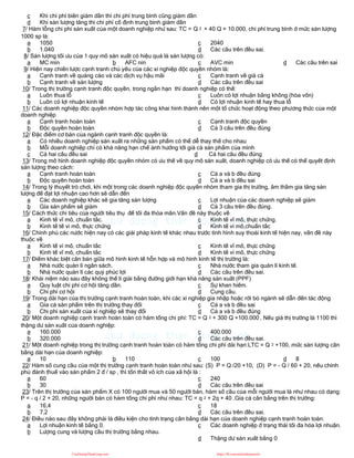 c Khi chi phí biên giảm dần thì chi phí trung bình cũng giảm dần
d Khi sản lượng tăng thì chi phí cố định trung bình giảm dần
7/ Hàm tỗng chi phí sản xuất của một doanh nghiệp như sau: TC = Q 2 + 40 Q + 10.000, chi phí trung bình ở mức sản lượng
1000 sp là:
a 1050
b 1.040
c 2040
d Các câu trên đều sai.
8/ Sản lượng tối ưu của 1 quy mô sản xuất có hiệu quả là sản lượng có:
a MC min b AFC nin c AVC min d Các câu trên sai
9/ Hiện nay chiến lược cạnh tranh chủ yếu của các xí nghiệp độc quyền nhóm là:
a Cạnh tranh về quảng cáo và các dịch vụ hậu mãi
b Cạnh tranh về sản lượng
c Cạnh tranh về giá cả
d Các câu trên đều sai
10/ Trong thị trường cạnh tranh độc quyền, trong ngắn hạn thì doanh nghiệp có thể:
a Luôn thua lỗ
b Luôn có lợi nhuận kinh tế
c Luôn có lợi nhuận bằng không (hòa vốn)
d Có lợi nhuận kinh tế hay thua lỗ
11/ Các doanh nghiệp độc quyền nhóm hợp tác công khai hình thành nên một tổ chức hoạt động theo phương thức của một
doanh nghiệp
a Cạnh tranh hoàn toàn
b Độc quyền hoàn toàn
c Cạnh tranh độc quyền
d Cả 3 câu trên đều đúng
12/ Đặc điểm cơ bản của ngành cạnh tranh độc quyền là:
a Có nhiều doanh nghiệp sản xuất ra những sản phẩm có thể dễ thay thế cho nhau
b Mỗi doanh nghiệp chỉ có khả năng hạn chế ảnh hưởng tới giá cả sản phẩm của mình
c Cả hai câu đều sai d Cả hai câu đều đúng
13/ Trong mô hình doanh nghiệp độc quyền nhóm có ưu thế về quy mô sản xuất, doanh nghiệp có ưu thế có thể quyết định
sản lượng theo cách:
a Cạnh tranh hoàn toàn
b Độc quyền hoàn toàn
c Cả a và b đều đúng
d Cả a và b đều sai
14/ Trong lý thuyết trò chơi, khi một trong các doanh nghiệp độc quyền nhóm tham gia thị trường, âm thầm gia tăng sản
lượng để đạt lợi nhuận cao hơn sẽ dẫn đến
a Các doanh nghiệp khác sẽ gia tăng sản lượng
b Gía sản phẩm sẽ giảm
c Lợi nhuận của các doanh nghiệp sẽ giảm
d Cả 3 câu trên đều đúng.
15/ Cách thức chi tiêu của người tiêu thụ để tối đa thỏa mãn.Vấn đề này thuộc về
a Kinh tế vĩ mô, chuẩn tắc.
b Kinh tế tế vi mô, thực chứng
c Kinh tế vĩ mô, thực chứng.
d Kinh tế vi mô,chuẩn tắc
16/ Chính phủ các nước hiện nay có các giải pháp kinh tế khác nhau trước tình hình suy thoái kinh tế hiện nay, vấn đề này
thuộc về
a Kinh tế vi mô, chuẩn tắc
b Kinh tế vĩ mô, chuẩn tắc
c Kinh tế vĩ mô, thực chứng
d Kinh tế vi mô, thực chứng
17/ Điểm khác biệt căn bản giữa mô hình kinh tế hỗn hợp và mô hình kinh tế thị trường là:
a Nhà nước quản lí ngân sách.
b Nhà nước quản lí các quỷ phúc lợi
c Nhà nước tham gia quản lí kinh tế.
d Các câu trên đều sai.
18/ Khái niệm nào sau đây không thể lí giải bằng đường giới hạn khả năng sản xuất (PPF)
a Quy luật chi phí cơ hội tăng dần.
b Chi phí cơ hội
c Sự khan hiếm.
d Cung cầu.
19/ Trong dài hạn của thị trường cạnh tranh hoàn toàn, khi các xí nghiệp gia nhập hoặc rời bỏ ngành sẽ dẫn đến tác động
a Gía cả sản phẩm trên thị trường thay đổi
b Chi phí sản xuất của xí nghiệp sẽ thay đổi
c Cả a và b đều sai
d Cả a và b đều đúng
20/ Một doanh nghiệp cạnh tranh hoàn toàn có hàm tổng chi phí: TC = Q 2 + 300 Q +100.000 , Nếu giá thị trường là 1100 thì
thặng dư sản xuất của doanh nghiệp:
a 160.000
b 320.000
c 400.000
d Các câu trên đều sai.
21/ Một doanh nghiệp trong thị trường cạnh tranh hoàn toàn có hàm tổng chi phí dài hạn:LTC = Q 2 +100, mức sản lượng cân
bằng dài hạn của doanh nghiệp:
a 10 b 110 c 100 d 8
22/ Hàm số cung cầu của một thị trường cạnh tranh hoàn toàn như sau: (S) P = Q /20 +10, (D) P = - Q / 60 + 20, nếu chính
phủ đánh thuế vào sản phẩm 2 đ / sp , thì tổn thất vô ích của xã hội là :
a 60
b 30
c 240
d Các câu trên đều sai
23/ Trên thị trường của sản phẩm X có 100 người mua và 50 người bán, hàm số cầu của mỗi người mua là như nhau có dạng:
P = - q / 2 + 20, những người bán có hàm tổng chi phí như nhau: TC = q 2 + 2q + 40 .Gía cả cân bằng trên thị trường:
a 16,4
b 7,2
c 18
d Các câu trên đều sai.
24/ Điều nào sau đây không phải là điều kiện cho tình trạng cân bằng dài hạn của doanh nghiệp cạnh tranh hoàn toàn:
a Lợi nhuận kinh tế bằng 0.
b Lượng cung và lượng cầu thị trường bằng nhau.
c Các doanh nghiệp ở trạng thái tối đa hóa lợi nhuận.
d Thặng dư sản xuất bằng 0
CuuDuongThanCong.com https://fb.com/tailieudientucntt
 